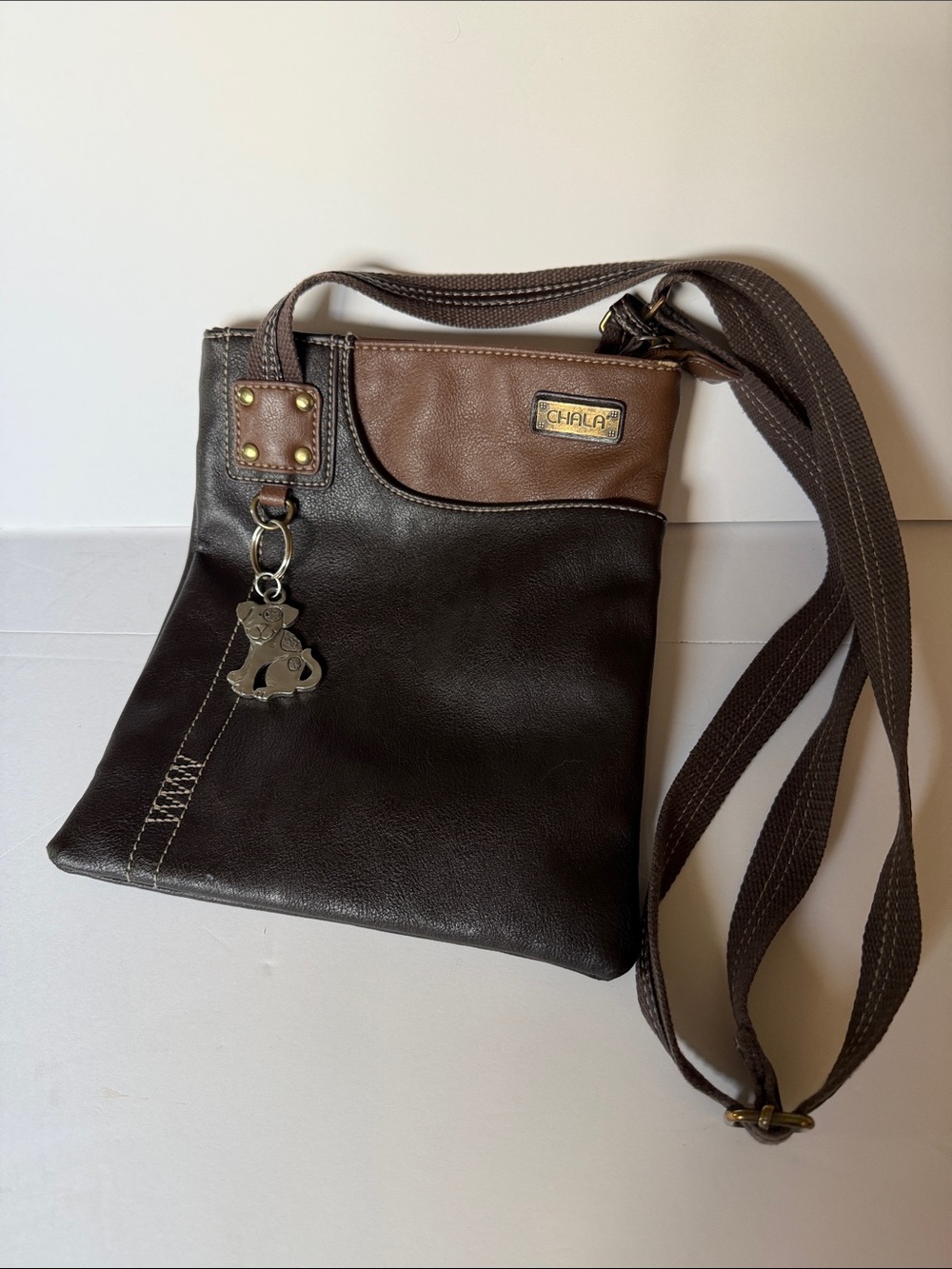 Chala Two-Tone Brown Crossbody Messenger Bag with Dog Puppy Charm. 9x10 inches.